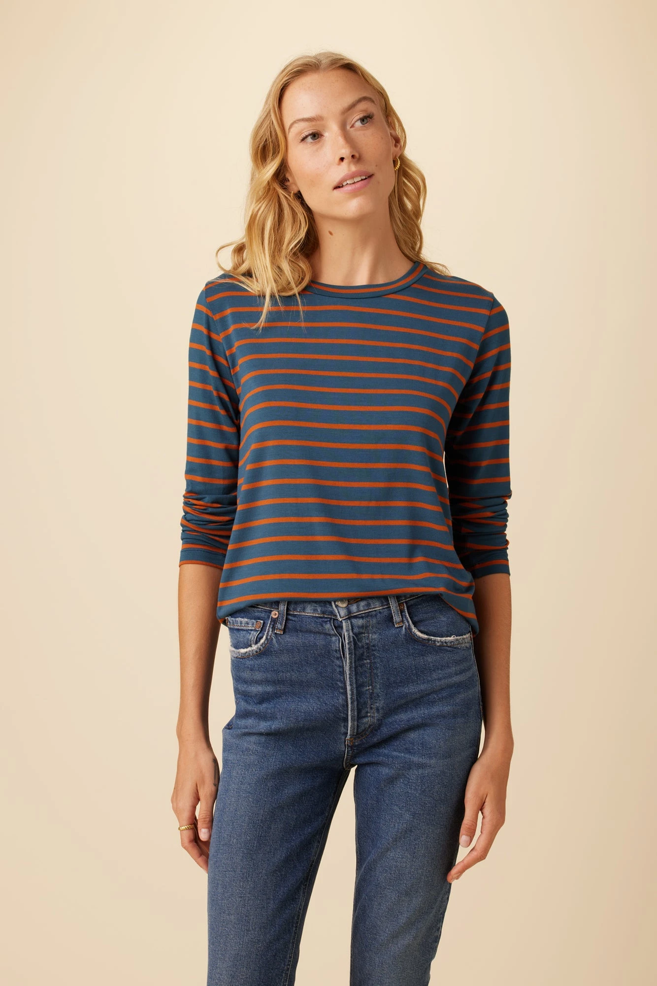 Berkeley Long Sleeve Dream Knit Tee - Azure Umber Stripe 3 Berkeley Long Sleeve Dream Knit Tee - Azure Umber Stripe