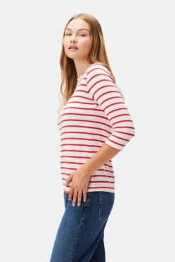 Francoise 3/4 Sleeve Dream Knit Tee - Red Poppy Stripe -Mode Weft Sales Store 1005R1 34 Francoise Red Poppy Stripe 2