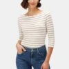 Francoise 3/4 Sleeve Dream Knit Tee - Ivory Camel Stripe -Mode Weft Sales Store 1005 34 Francoise Harbor Stripe Ivory Camel 1
