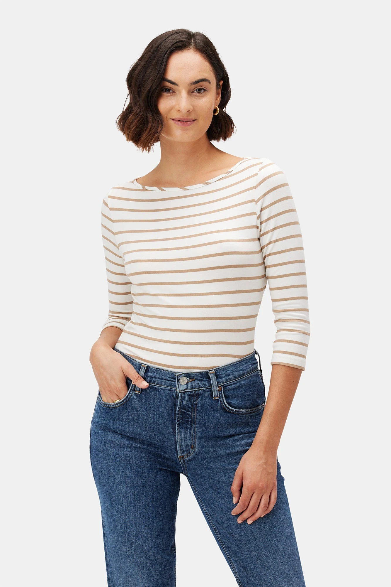 Francoise 3/4 Sleeve Dream Knit Tee - Ivory Camel Stripe 3 Francoise 3/4 Sleeve Dream Knit Tee - Ivory Camel Stripe