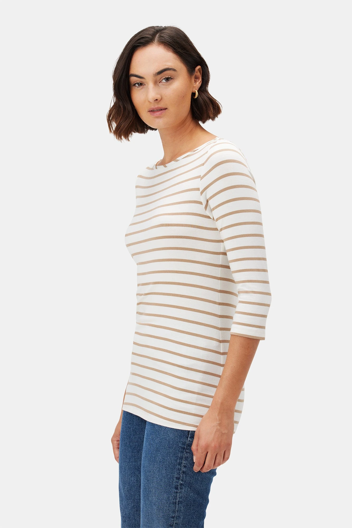 Francoise 3/4 Sleeve Dream Knit Tee - Ivory Camel Stripe 4 Francoise 3/4 Sleeve Dream Knit Tee - Ivory Camel Stripe - Image 2