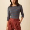 Francoise 3/4 Sleeve Dream Knit Tee - Azure Umber Stripe -Mode Weft Sales Store 1005 3 4 Slv Francoise Harbor Stripe Azure Umber 1