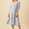 Odette Linen Dress - Blue Natural Stripe -Mode Weft Sales Store 10191 Odette Linen Blue Natural Stripe 1
