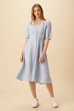 Odette Linen Dress - Blue Natural Stripe