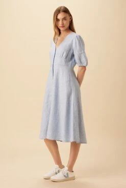 Odette Linen Dress - Blue Natural Stripe -Mode Weft Sales Store 10191 Odette Linen Blue Natural Stripe 2