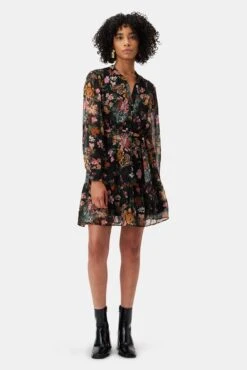 Malta Viscose Chiffon Long Sleeve Dress - Rosalind Floral Black