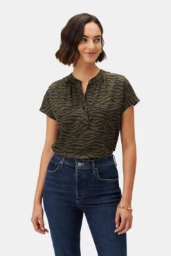 Renata Washable Silk Blouse - Zebra Green Black