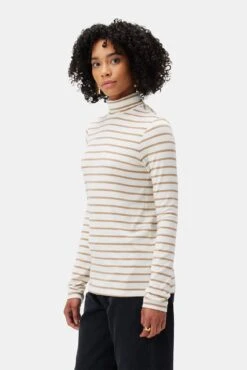 Flannery Dream Knit Turtle Neck - Ivory Camel Stripe -Mode Weft Sales Store 2518 Flannery Harbor Stripe Ivory Camel 2