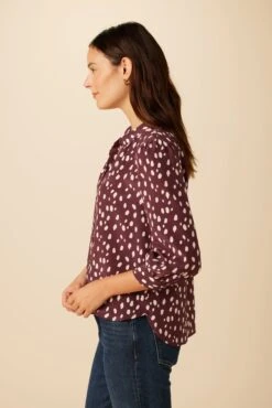 Charlotte 3/4 Sleeve Washable Silk Blouse - Pebble Dot Plum -Mode Weft Sales Store 26 10140 Charlotte Silk Plum Ivory 2